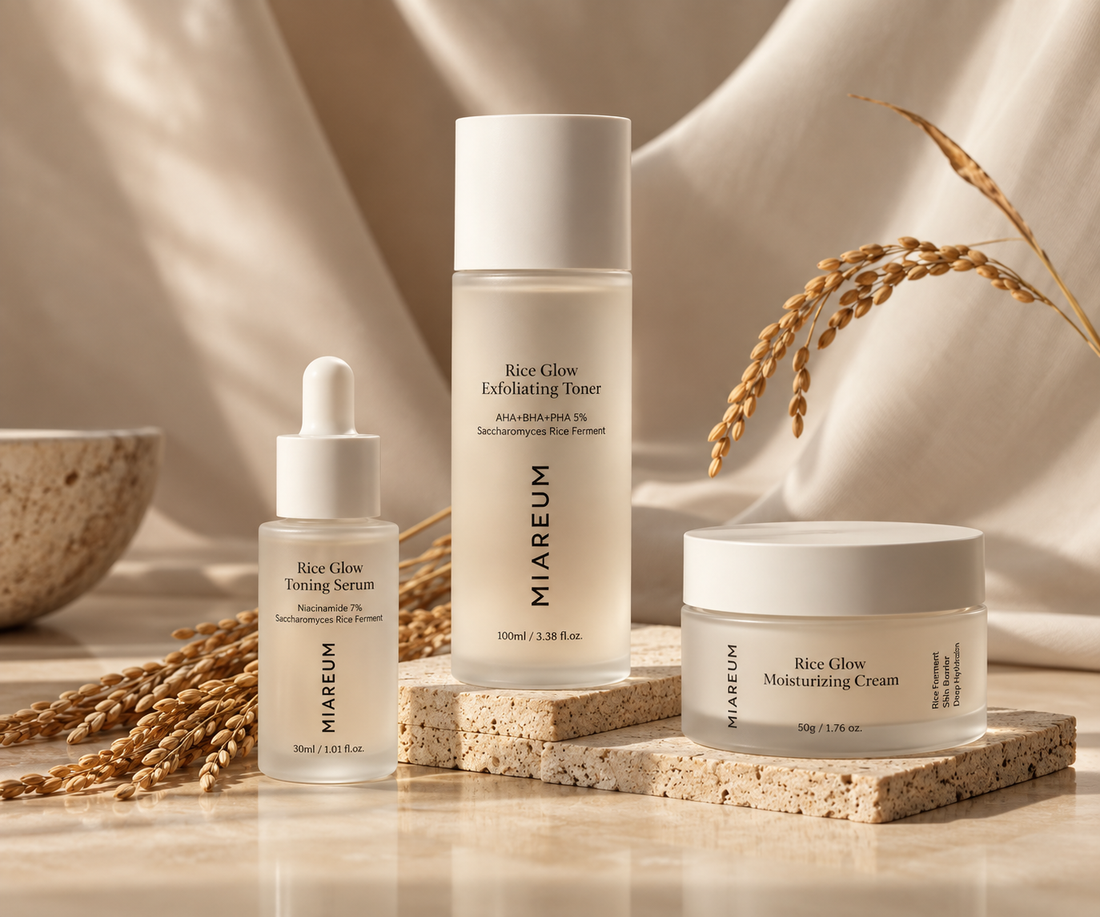 Korean skincare routine products arranged in an editorial still life