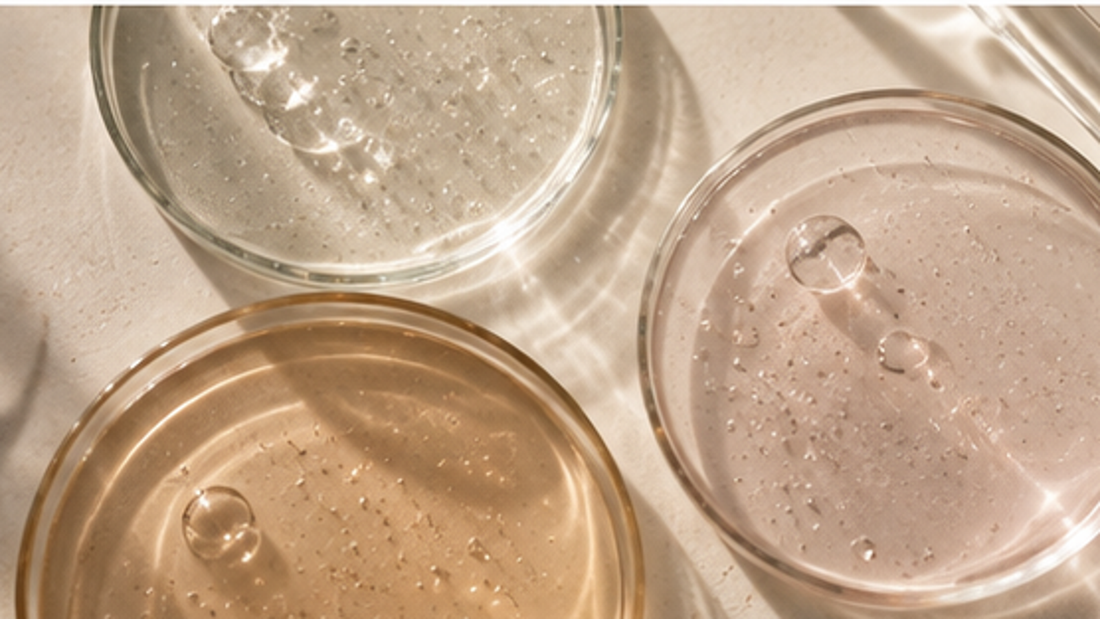Three translucent skincare serum textures in glass dishes