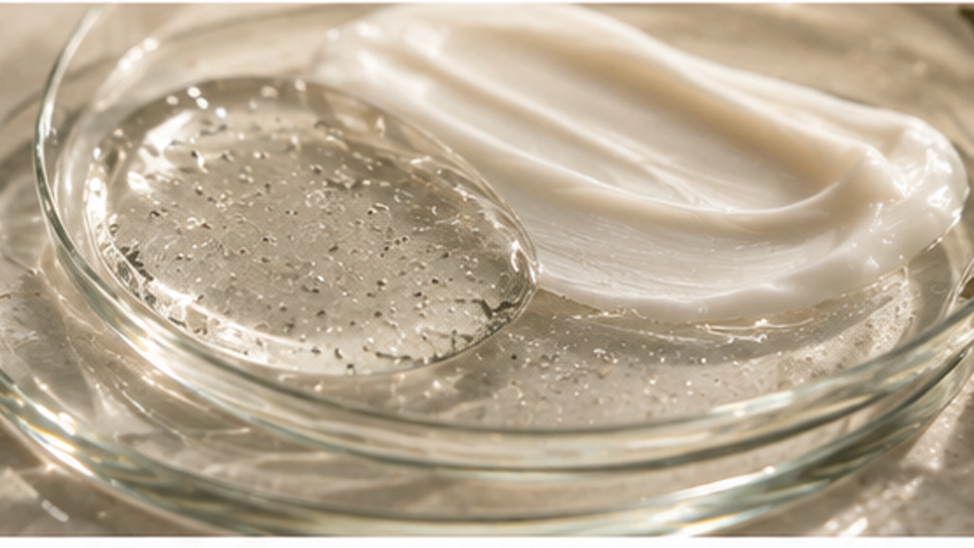Cream and hydrating gel in a glass dish with botanical leaves