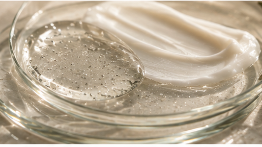 Cream and hydrating gel in a glass dish with botanical leaves