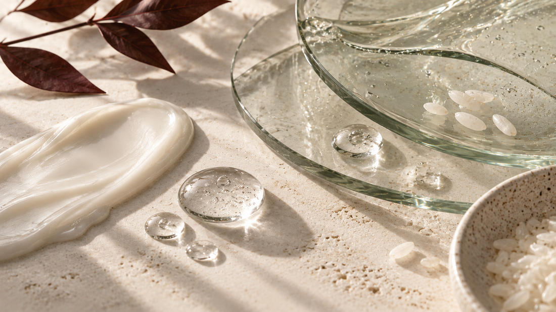 Cream, hydrating serum textures and rice in an editorial skincare still life
