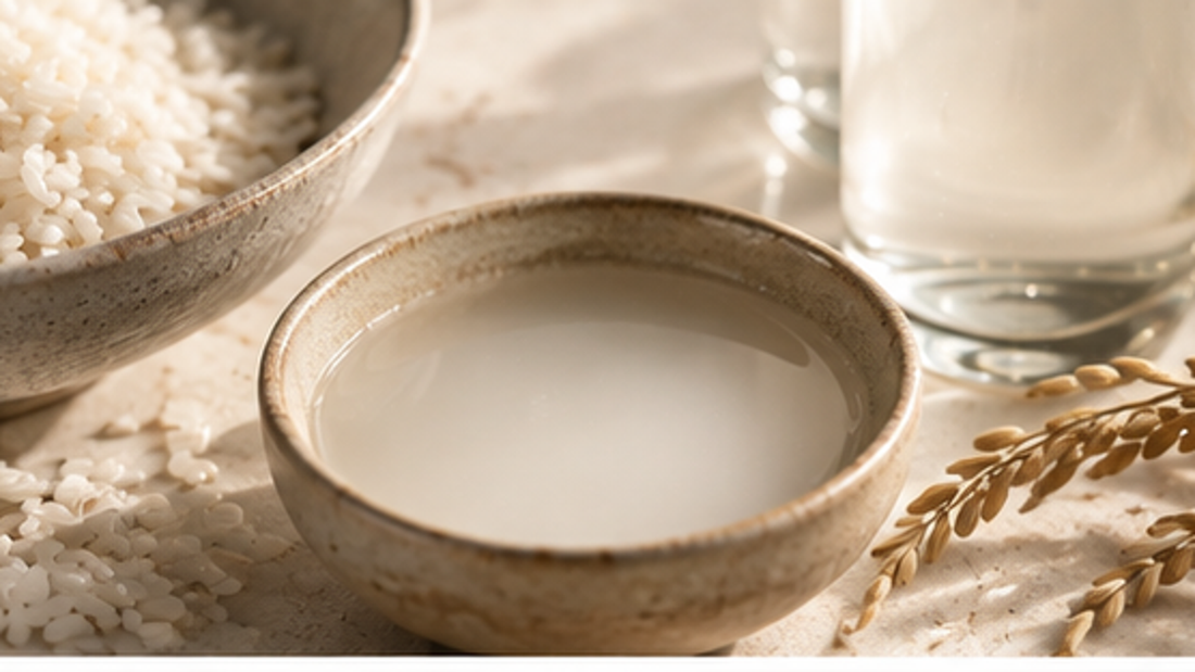 Rice and milky rice water in an editorial skincare still life