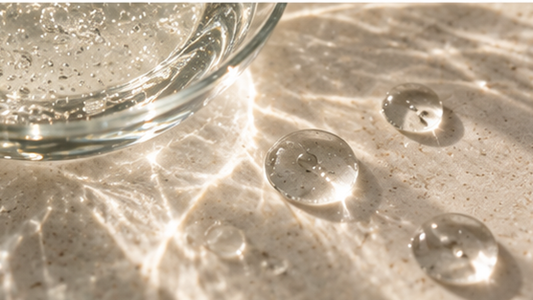 Clear hydrating serum and water droplets reflecting light