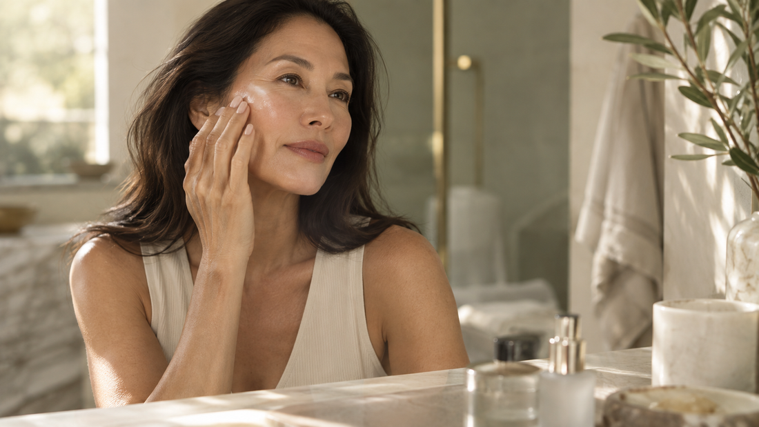 Mature woman applying skincare in a softly lit bathroom