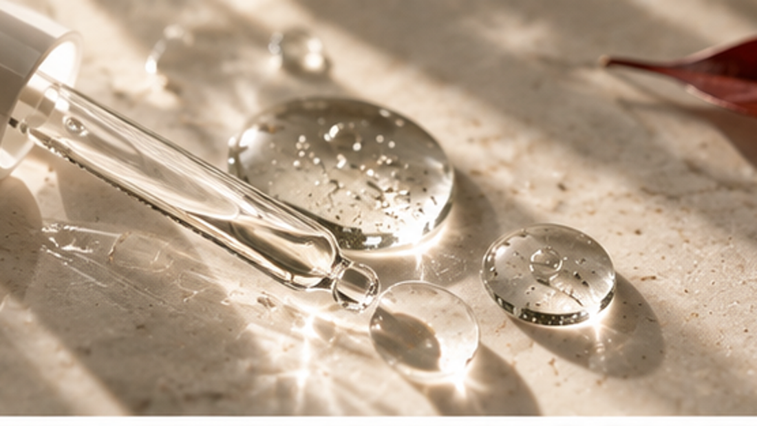 Niacinamide serum texture with glass dropper and dewy droplets